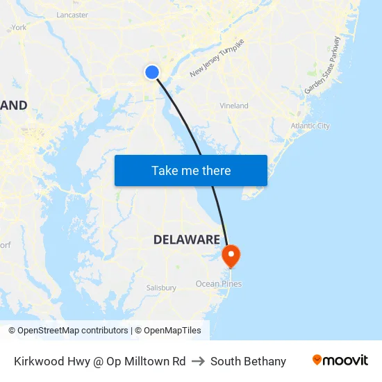 Kirkwood Hwy @ Op Milltown Rd to South Bethany map