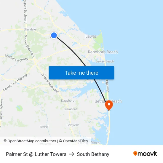 Palmer St @ Luther Towers to South Bethany map