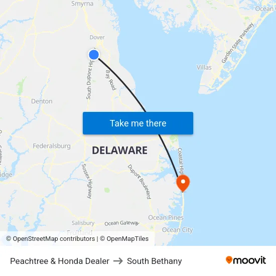 Peachtree & Honda Dealer to South Bethany map