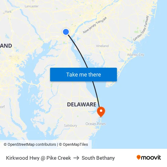 Kirkwood Hwy @ Pike Creek to South Bethany map