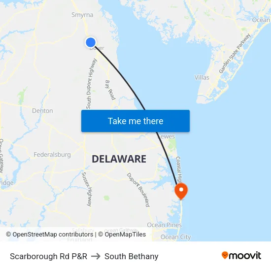 Scarborough Rd P&R to South Bethany map