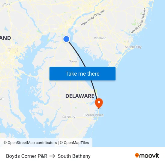 Boyds Corner P&R to South Bethany map