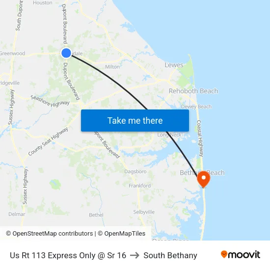 Us Rt 113 Express Only @ Sr 16 to South Bethany map