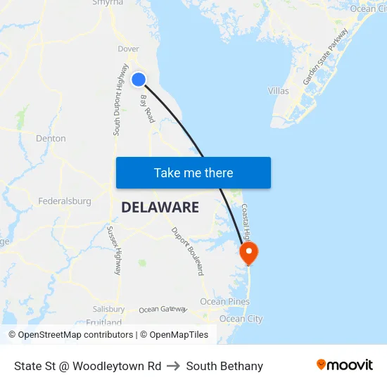 State St @ Woodleytown Rd to South Bethany map