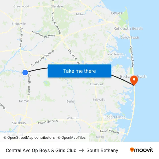 Central Ave Op Boys & Girls Club to South Bethany map