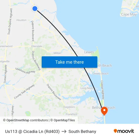 Us113 @ Cicadia Ln (Rd403) to South Bethany map