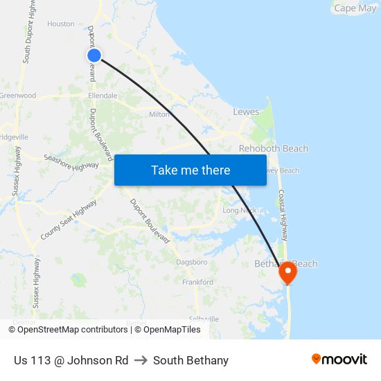 Us 113 @ Johnson Rd to South Bethany map