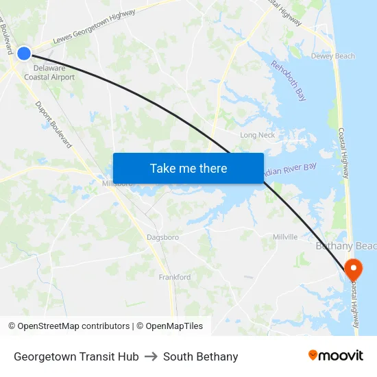 Georgetown Transit Hub to South Bethany map