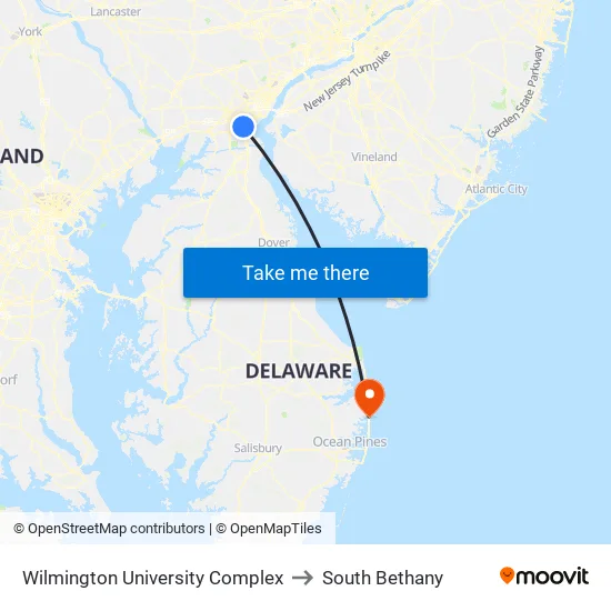 Wilmington University Complex to South Bethany map