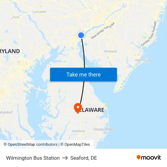 Wilmington Bus Station to Seaford, DE map
