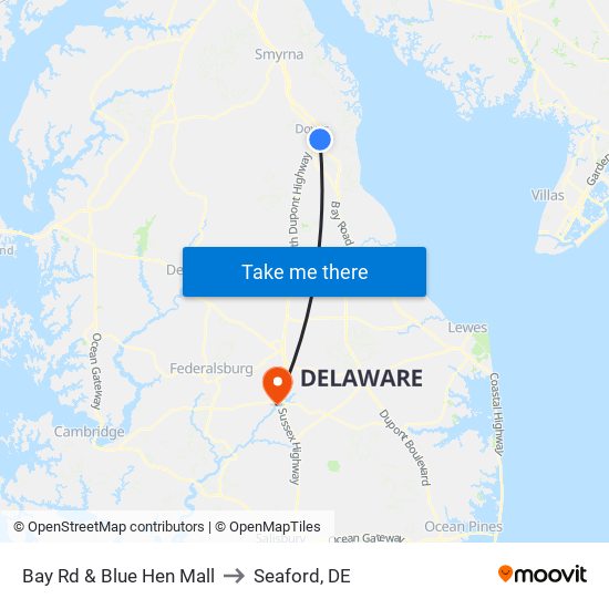 Bay Rd & Blue Hen Mall to Seaford, DE map