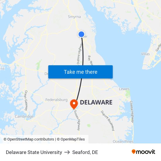 Delaware State University to Seaford, DE map
