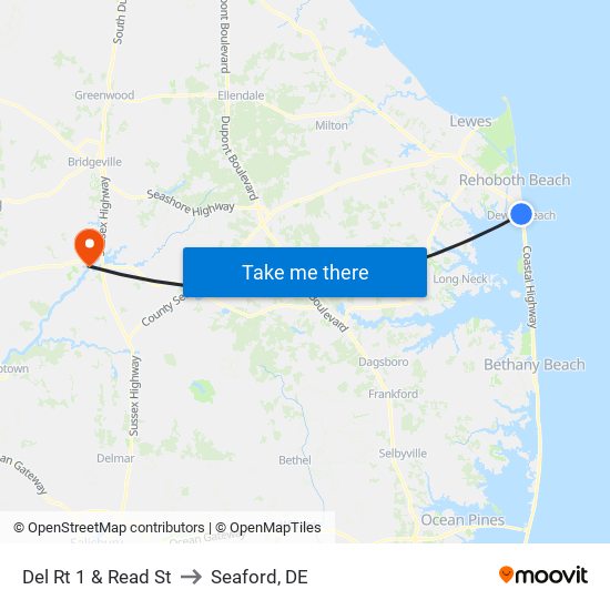 Del Rt 1 & Read St to Seaford, DE map