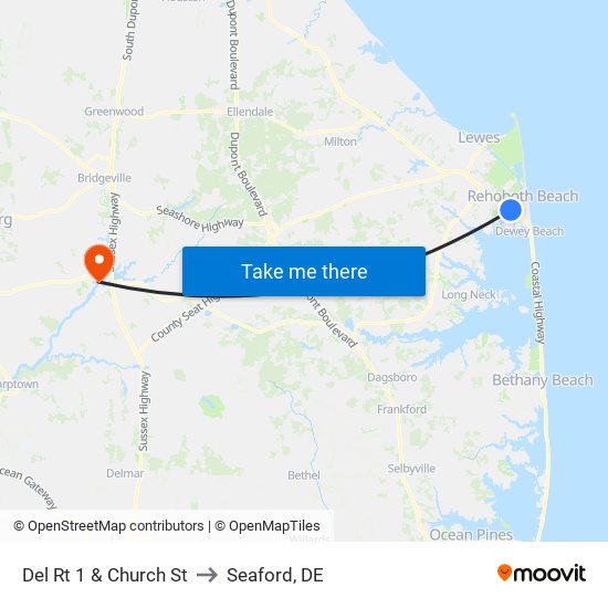 Del Rt 1 & Church St to Seaford, DE map