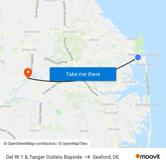 Del Rt 1 & Tanger Outlets Bayside to Seaford, DE map