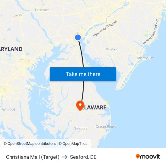 Christiana Mall (Target) to Seaford, DE map