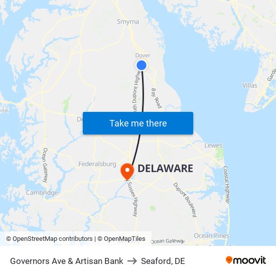 Governors Ave & Artisan Bank to Seaford, DE map