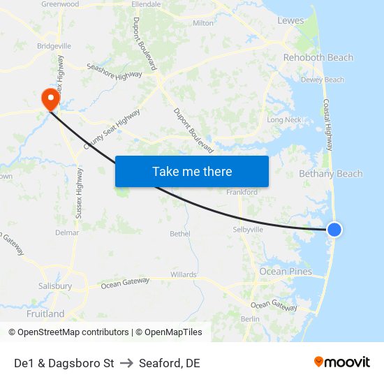 De1 & Dagsboro St to Seaford, DE map