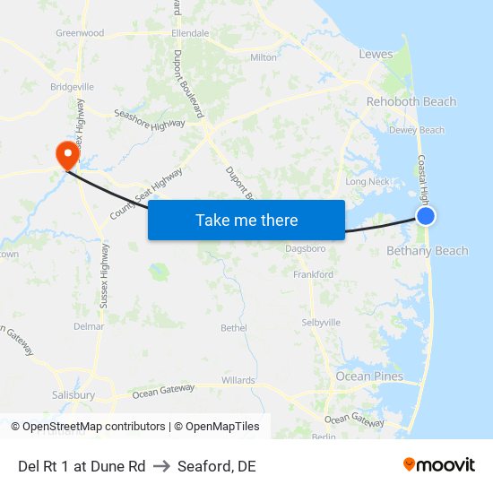 Del Rt 1 at Dune Rd to Seaford, DE map