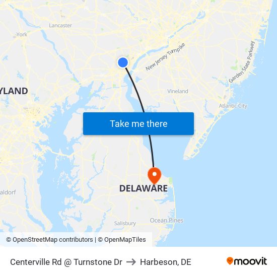 Centerville Rd @ Turnstone Dr to Harbeson, DE map