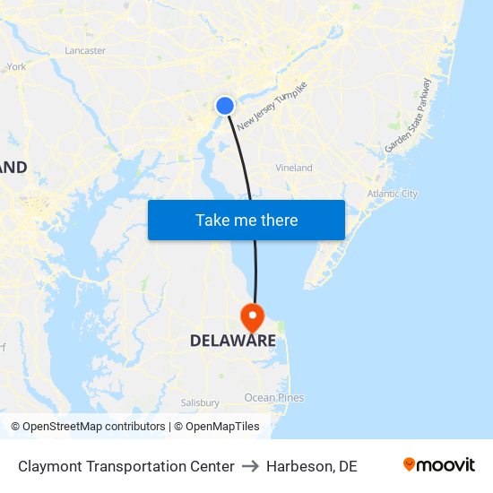 Claymont Transportation Center to Harbeson, DE map