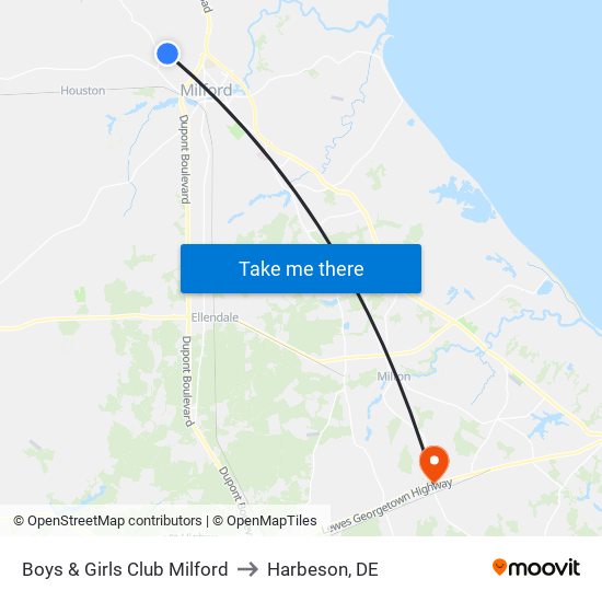 Boys & Girls Club Milford to Harbeson, DE map