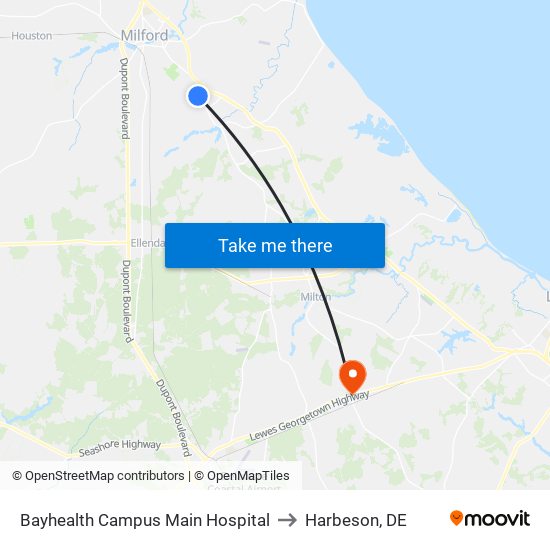 Bayhealth Campus Main Hospital to Harbeson, DE map