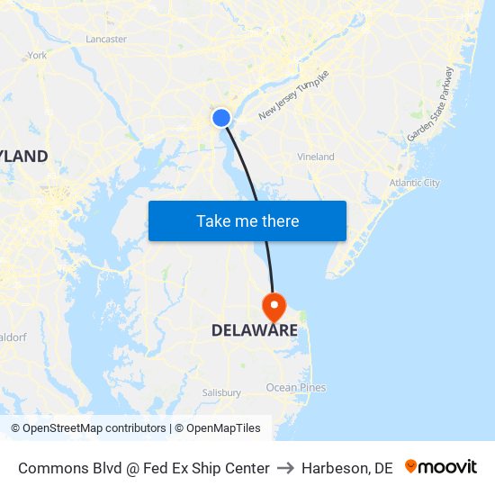 Commons Blvd @ Fed Ex Ship Center to Harbeson, DE map