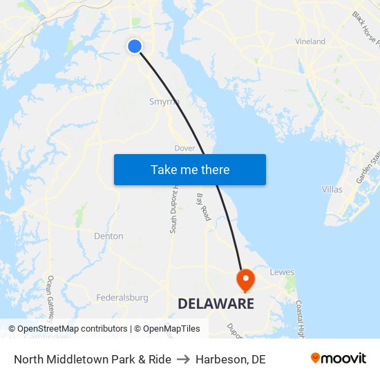 North Middletown Park & Ride to Harbeson, DE map