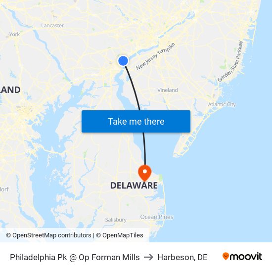 Philadelphia Pk @ Op Forman Mills to Harbeson, DE map