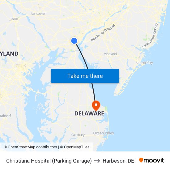 Christiana Hospital (Parking Garage) to Harbeson, DE map