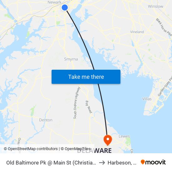 Old Baltimore Pk @ Main St (Christiana) to Harbeson, DE map
