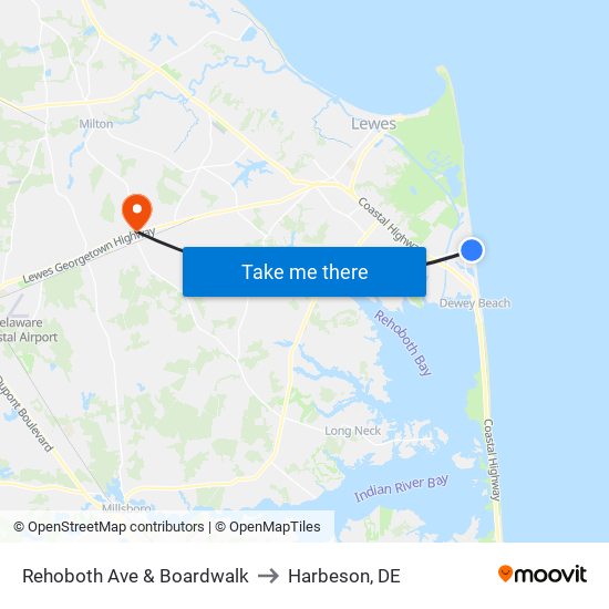 Rehoboth Ave & Boardwalk to Harbeson, DE map