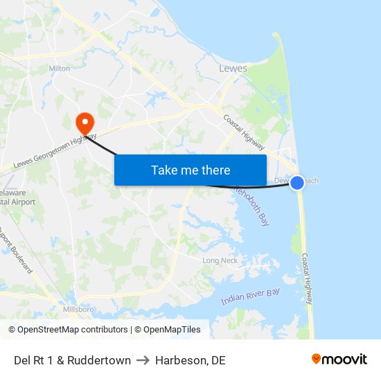 Del Rt 1 & Ruddertown to Harbeson, DE map