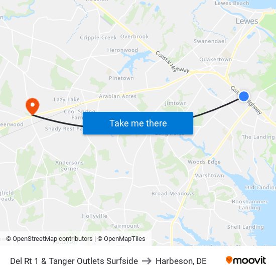 Del Rt 1 & Tanger Outlets Surfside to Harbeson, DE map