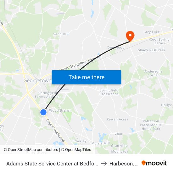 Adams State Service Center at Bedford St to Harbeson, DE map