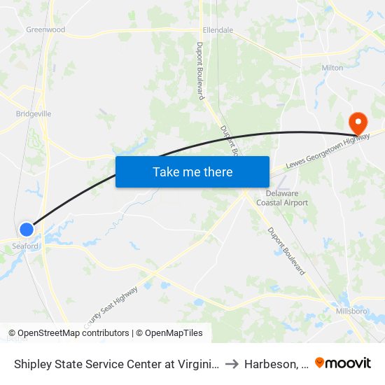 Shipley State Service Center at Virginia Ave to Harbeson, DE map