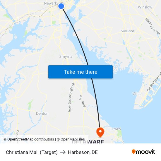 Christiana Mall (Target) to Harbeson, DE map