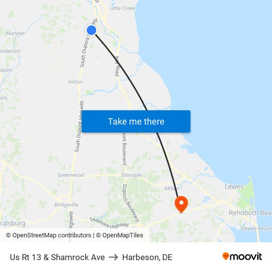 Us Rt 13 & Shamrock Ave to Harbeson, DE map