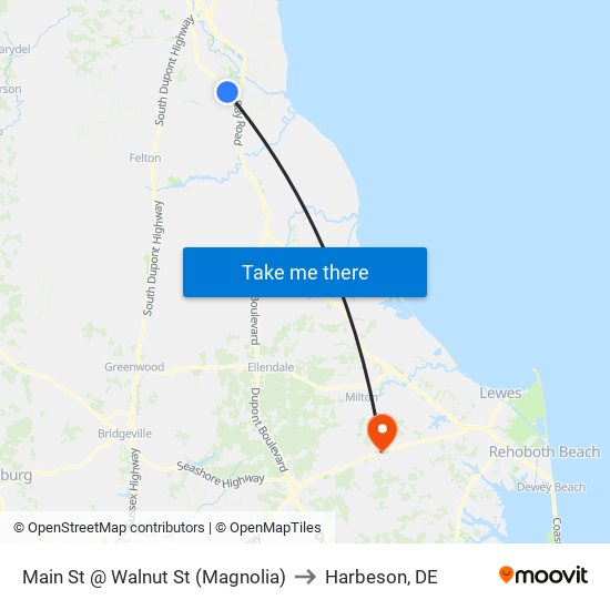 Main St @ Walnut St (Magnolia) to Harbeson, DE map