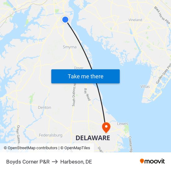 Boyds Corner P&R to Harbeson, DE map