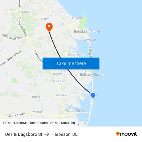 De1 & Dagsboro St to Harbeson, DE map