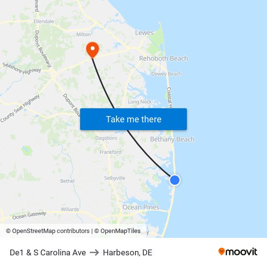 De1 & S Carolina Ave to Harbeson, DE map