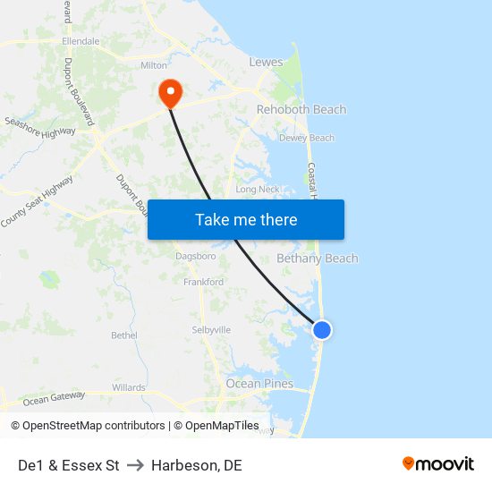 De1 & Essex St to Harbeson, DE map