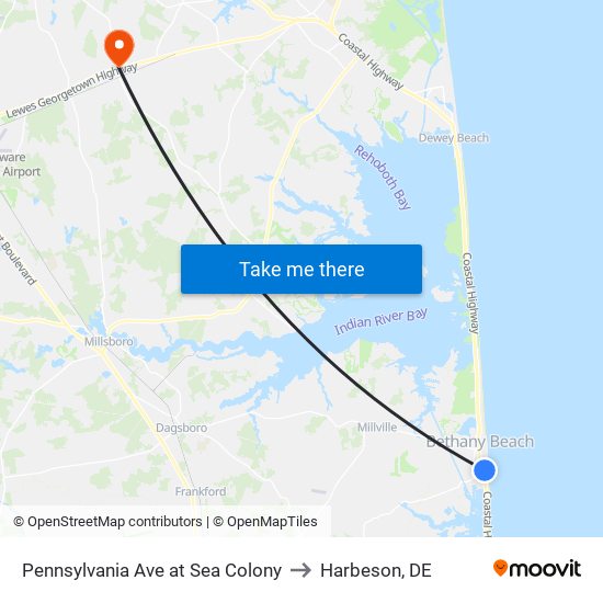 Pennsylvania Ave at Sea Colony to Harbeson, DE map