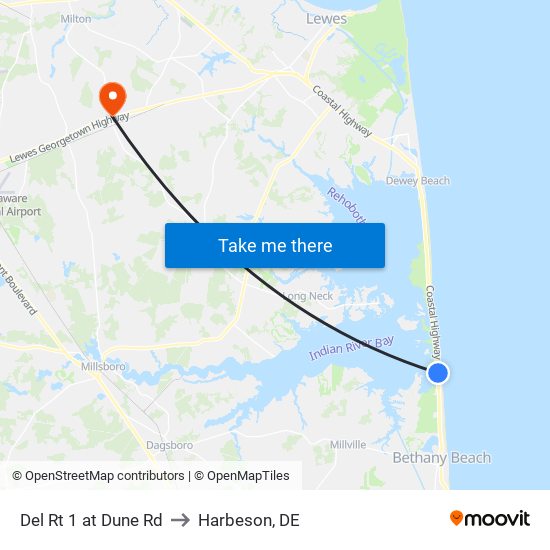 Del Rt 1 at Dune Rd to Harbeson, DE map