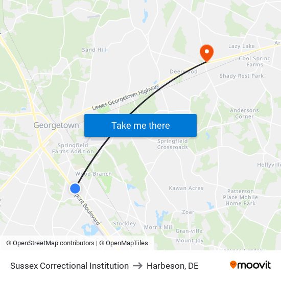 Sussex Correctional Institution to Harbeson, DE map
