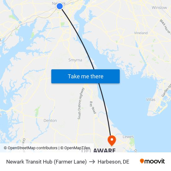 Newark Transit Hub (Farmer Lane) to Harbeson, DE map