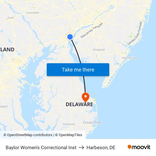 Baylor Women's Correctional Inst to Harbeson, DE map