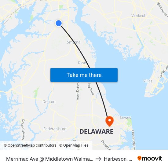 Merrimac Ave @ Middletown Walmart to Harbeson, DE map